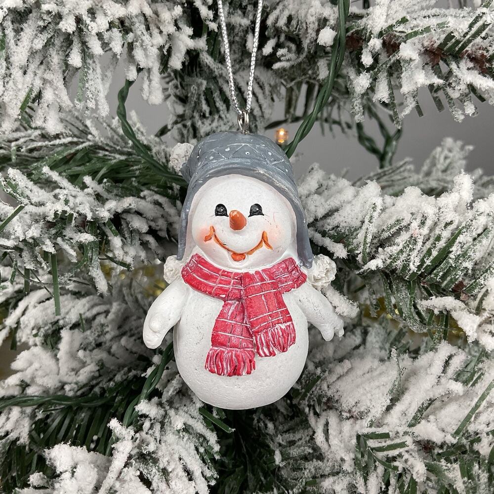 Christmas Tree Ornament-Gray Hat With Red And White Scarf Happy Snowman
